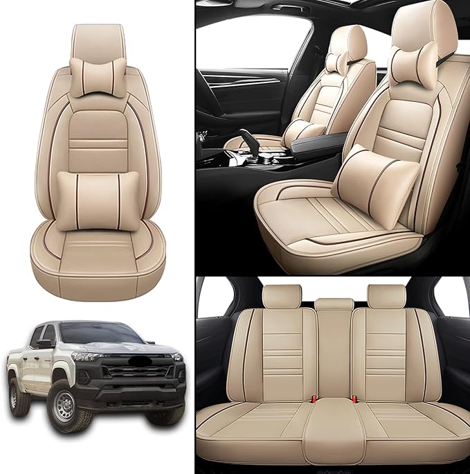Car Seat Covers for Chevy Colorado 2004-2025 | 5-Seats Seat Covers, Waterproof Seat Protectors, Automotive Seat Covers (Full Set with Pillow,Beige)