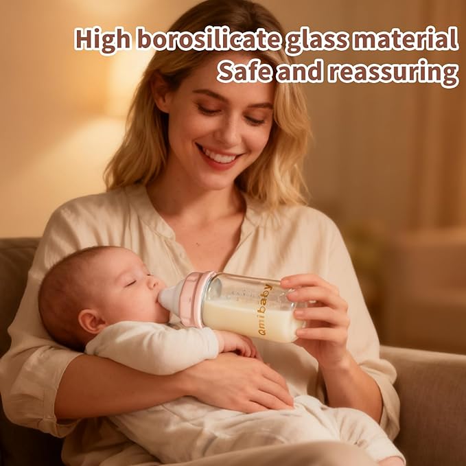 Natural Glass Baby Bottle 150ml 5oz Standard Neck Breast Milk Storage Bottles Compatible with Medela Breast Pumps for Breastmilk Storage Bottle Breastfeeding BPA-Free 4 Pack (Grey+Pink Lids)