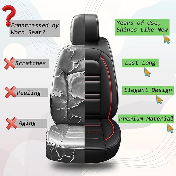 Seat Covers for Toyota Tacoma 2007-2025 | 5-Seats Leather Seat Covers, Easy to Install Automotive Seat Covers Full Set (Full Set, Black&Red Line)