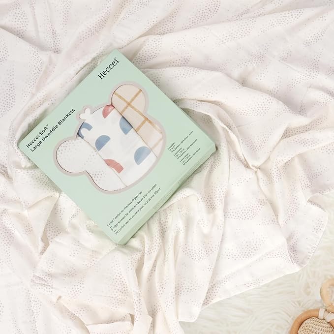 HECCEI Soft Large Swaddle Blankets - 3-Pack 70% Bamboo 30% Cotton Muslin Swaddle Blanket, Large Breathable Receiving Blankets for Newborn, Boys and Girls Swaddles, Registry & Gift, 47 x 47 inches
