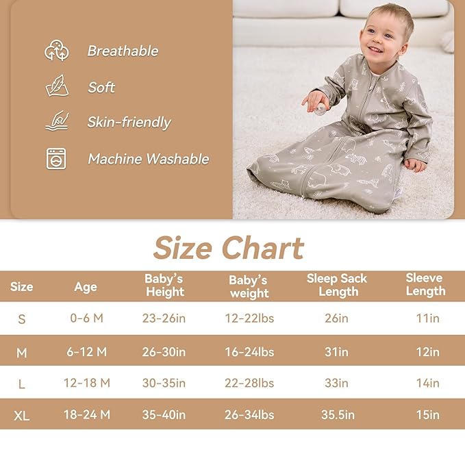 Baby Sleep Sack 6-12 Months, Long Sleeve Baby Wearable Blanket 0.5 Tog with Mittens, 2-Way Zipper Infant Cotton Sleeping Sack for Boy and Girl Grey Elephant 2 Pack (Medium)