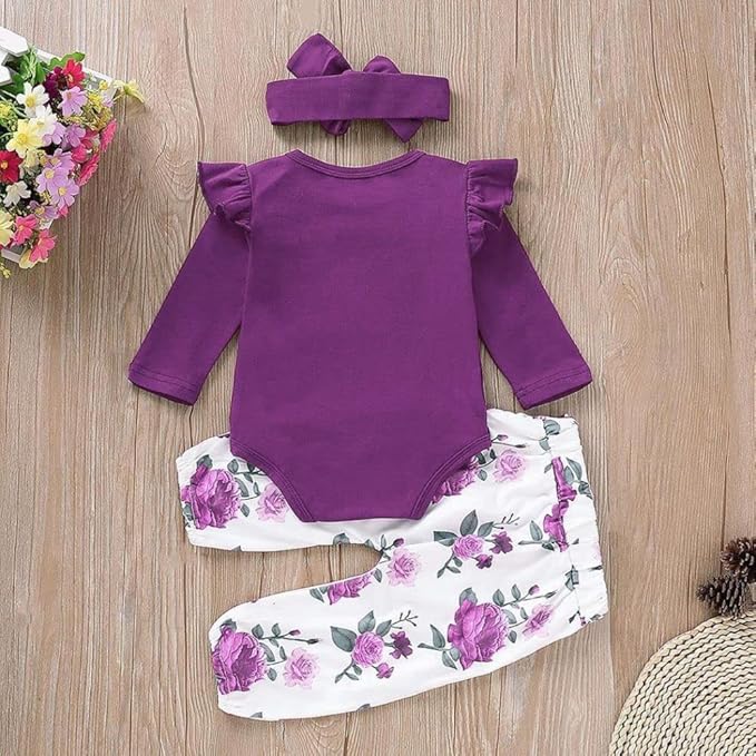 Newborn Baby Girl Clothes, Infant Girl Outfits Long Sleeve Ruffle Romper + Floral Pants + Headband Set