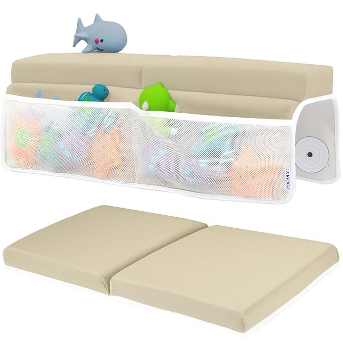 Comfortable Baby Bath Kneeler and Elbow Rest Pad Set – Thick Memory Foam Bath Kneeling Pad with Elbow Support – Baby Bathtub Cushion with Toy Organizer for Bathing Infant or Toddler - Beige