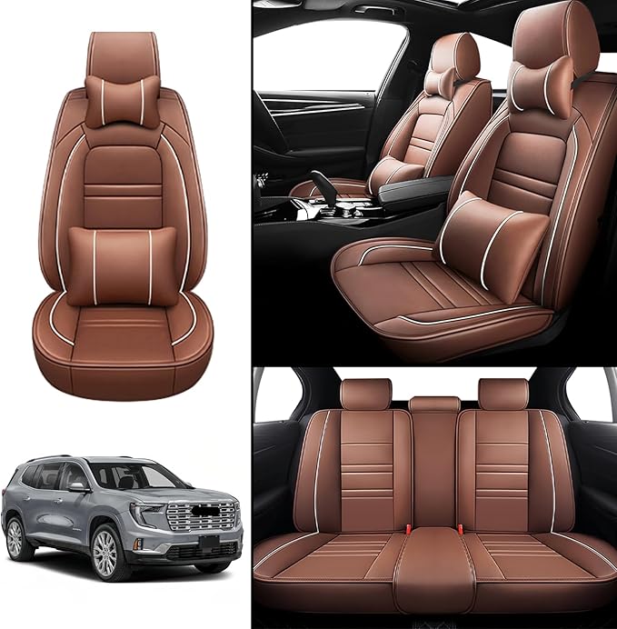 Car Seat Covers for gmc Acadia 2016-2025 | 5-Seats Seat Covers, Waterproof Seat Protectors, Automotive Seat Covers (Full Set with Pillow,Coffee)