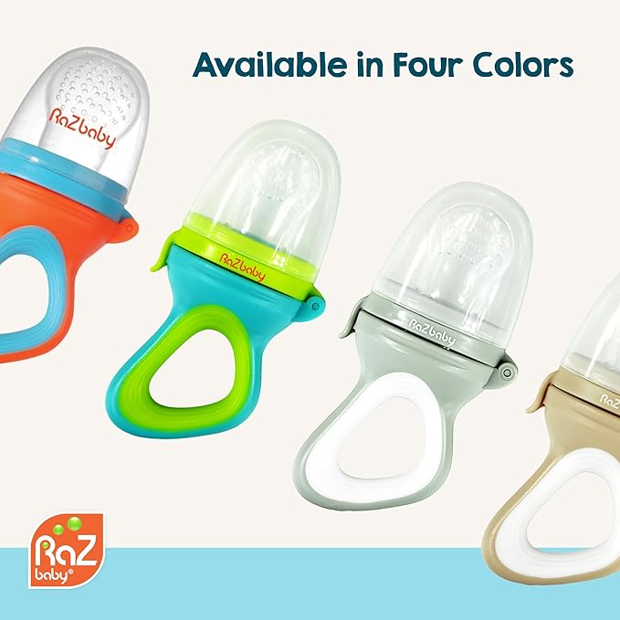 RaZbaby Baby Solids/Frozen Fruit Feeder Pacifier, Infant Teether Toy 6M+, BPA-Free, Safely Introduce Solids, Natural Teething Relief, Dishwasher Safe, Freezable – Grey & Tan 2-Pack