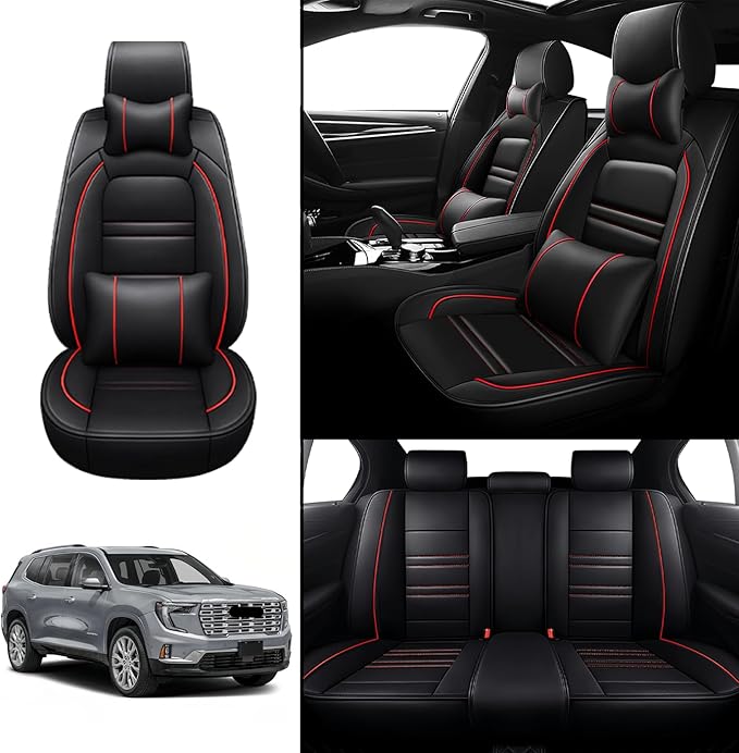 Car Seat Covers for gmc Acadia 2016-2025 | 5-Seats Seat Covers, Waterproof Seat Protectors, Automotive Seat Covers (Full Set with Pillow,Black&Red Line)