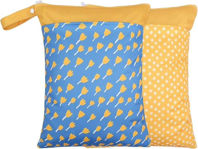 2 Pack Wet Dry Bags for Baby Cloth Diapers&Breast Pump Parts, Waterproof Reusable Wet Bag with Two Zippered Pockets & Handle, Beach Pool Gym Bag Stroller Yoga Toiletries Daycare Organizer for Swimsuit Wet Clothes, 11.8 inch x 15.7inch
