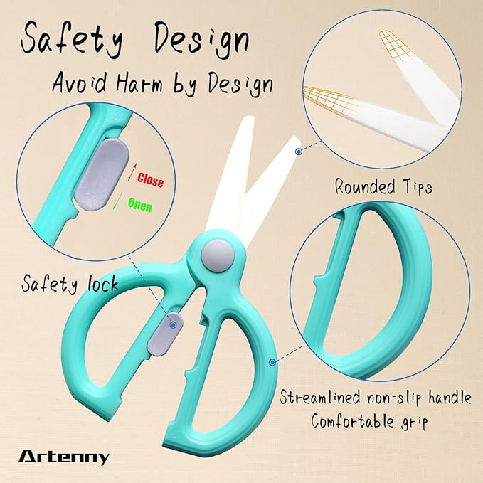 Baby Food Scissors with Travel Case, Ceramic Food Scissors Kids, Toddler Scissors with Safety Lock, Ideal for Pizza, Meats, Noodles, Vegetables, and Fruits (D)
