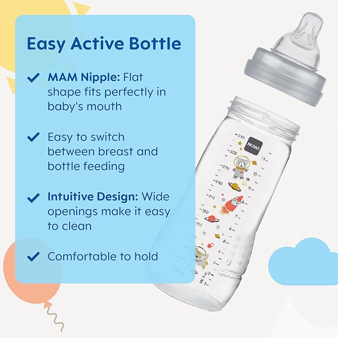 MAM Easy Active Baby Bottles 11oz with Bonus Nipple,Fast Flow Skinsoft Silicone Nipple with Wide Neck Ergonomic Design,Easy to Hold,BPA-Free Bottles Leak-Proof Caps for 4+ Months Baby(Pack of 6)