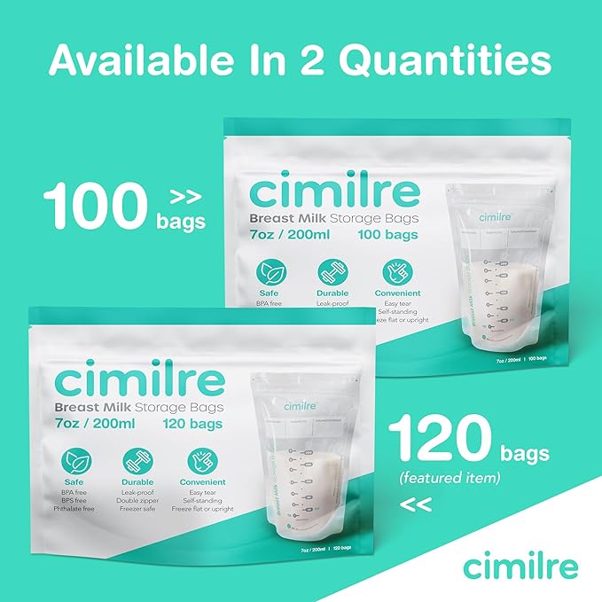 Breast Milk Storage Bags by Cimilre, Leak-Proof Breastmilk Storage Bags, Freeze Flat or Standing, 7 oz. Bags (120 Pack)