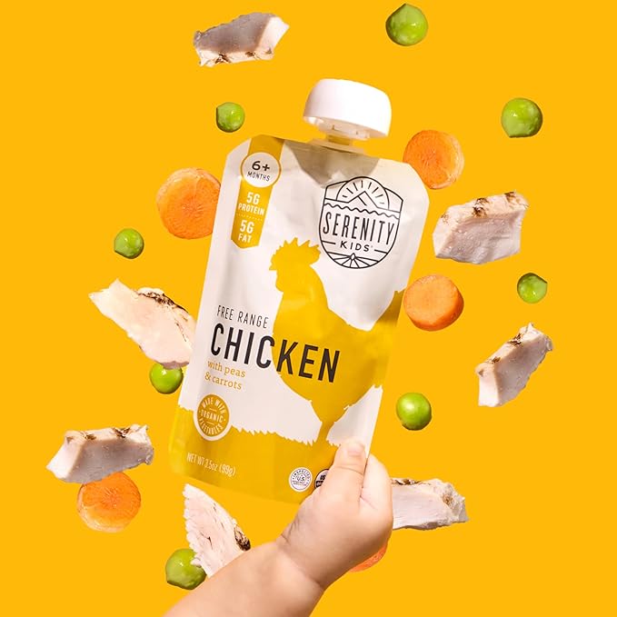 Serenity Kids 6+ Months Baby Food Chicken Pouch Puree - Ethically Sourced Free-Range Chicken & Organic Peas & Carrots - No Added Sugar & Protein-Rich & BPA-Free Toddler Food - 3.5 Oz, 12 Pack