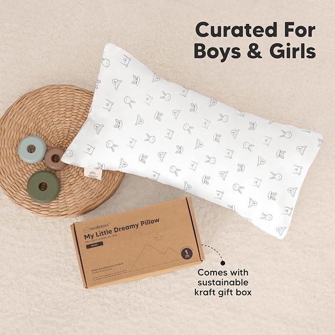 Toddler Pillow with Pillowcase - 10x18 My Little Dreamy Kids Travel Bed Pillows for Sleeping, Organic Cotton Small Pillowcase, Soft & Breathable, Machine Washable, Toddlers 2-5 Years Old (KeaDoodles)