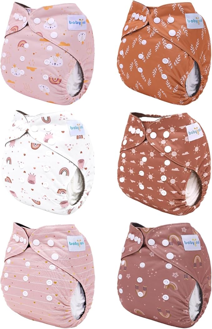 babygoal Reusable Charcoal Cloth Diapers with Double Gussets, 6 Pack Washable Baby Pocket Diapers with 6pcs Charcoal Inserts and Wet Dry Bag(Boho)
