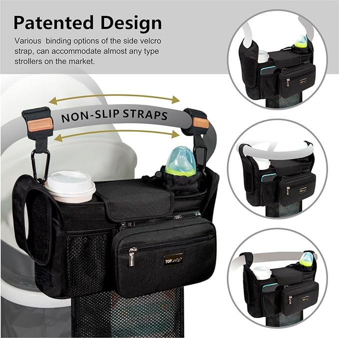 TOPDesign Universal Baby Stroller Organizer, Stroller Caddy with Detachable Mesh Bag & Heightened Insulated Cup Holders & Non-Slip Secure Hooks Accessories, Fits Most Strollers (Five Petal Flower)