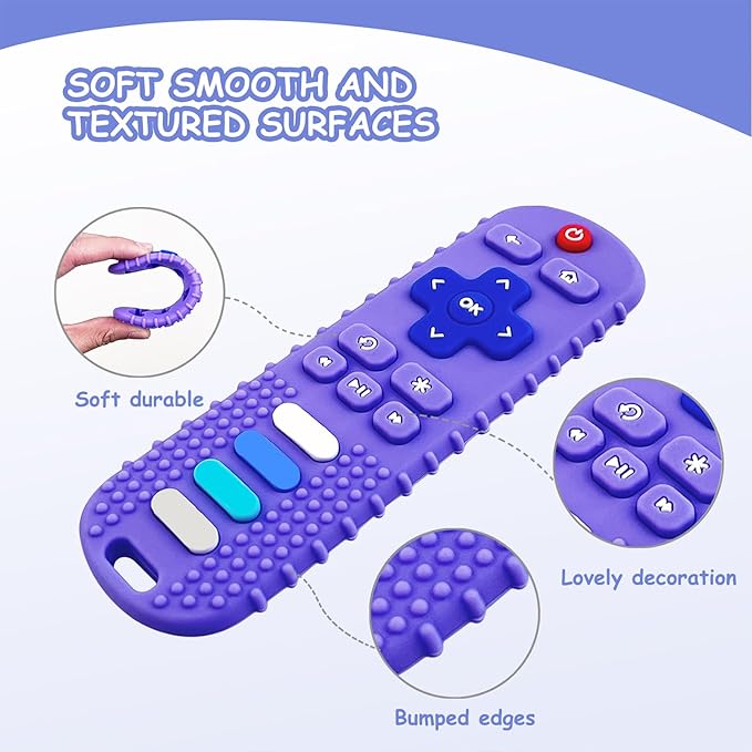 Silicone Teething Toys for Babies, Remote Control Shape Silicone Teethers, Cute Chew Toys for Boys and Girls,BPA Free Teether Early Educational Sensory Toy Purple