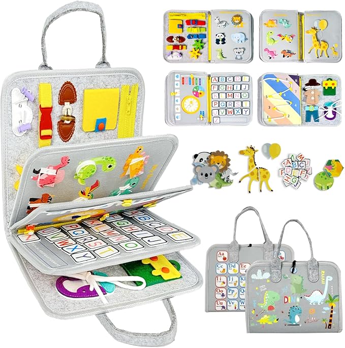 Qizfun Busy Board Montessori Toy for Toddlers, Educational Sensory Learning Toy for Fine Motor Skills, Preschool Travel Toy for Airplane & Car, Gifts for Boys and Girls