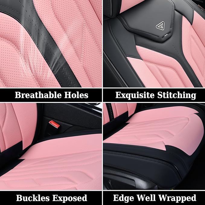 Coverado Car Seat Covers Full Set, Car Seat Protectors Leather Seat Covers for Cars, Automotive Seat Covers Car Accessories Universal Fit for Most Sedans SUV Pick-up Truck(Black&Pink)
