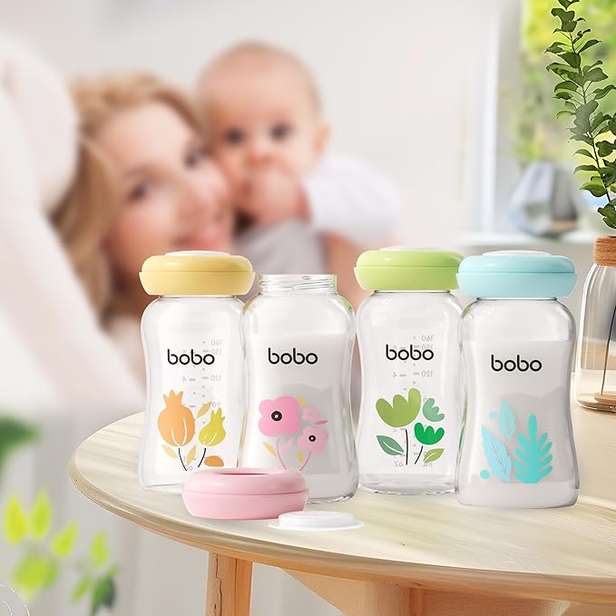 YOHKOH Glass Breast Milk Storage Bottles - 100% Leak-Proof, BPA-Free Breastmilk Storage Containers, Freezer & Dishwasher Safe, Ideal for Nursing Mothers (Blue, 5.4oz (Pack of 4))
