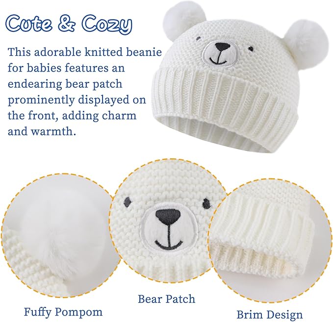 JANGANNSA Cute Bear Baby Beanie Pompom Baby Boys Hat Infant Toddler Winter Knitted Beanies for Girls