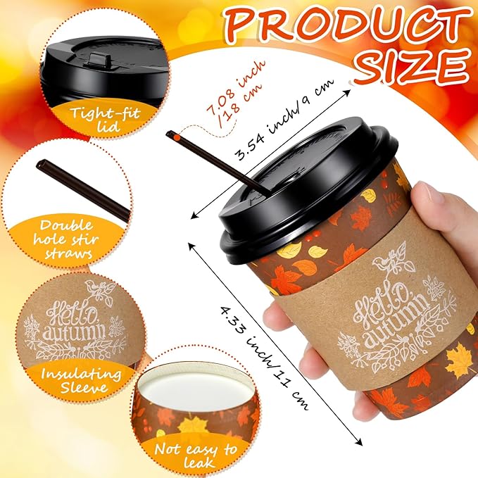 Lallisa 100 Sets Fall Thanksgiving Coffee Cup Bulk with Lid Disposable 12 oz Fall Hot Cups Paper and Sleeves Straws, Autumn Drinking Supplies for Holiday Party(Classic Style)