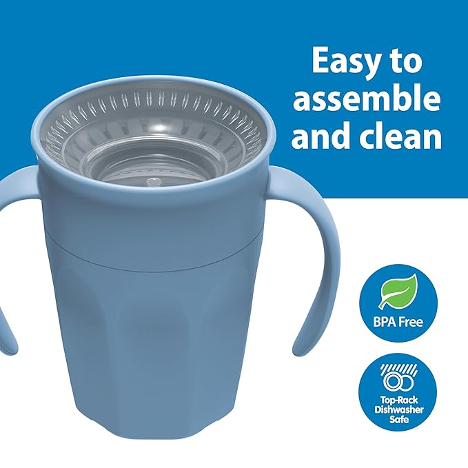 Dr. Brown's Milestones Cheers 360 Spoutless Transition Cup with Handles, Travel Friendly and Leak Free Sippy for Babies and Toddlers, Blue, BPA-Free, 7 oz/200 mL, 6m+