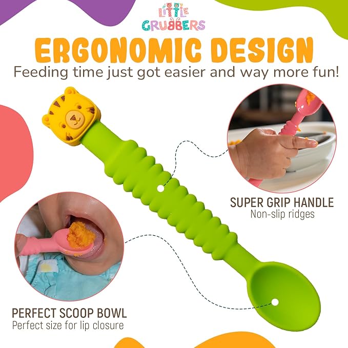 3-in-1 Silicone Baby Spoon Self Feeding 6+ Months - Pediatric OT Designed Teether Spoon, BPA Free Toddler Utensils, Mess-Free, Fun for Baby Led Weaning Supplies, Dog & Duck