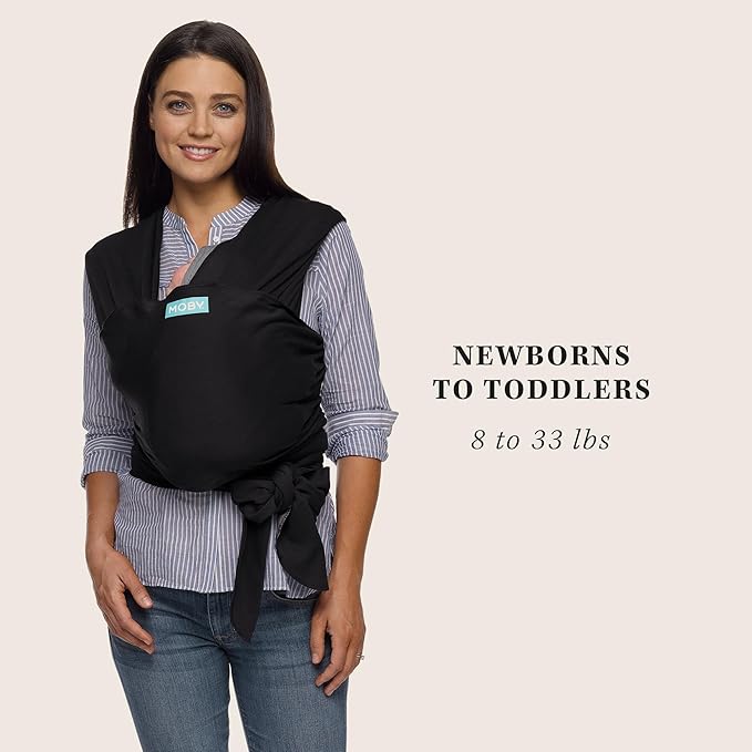 Moby Baby Wrap Carrier Evolution for Newborns to Toddlers (8-33lbs), Infant Sling Carrier, Lightweight & Hands Free Design, Adjustable for All Body Types, Baby Registry Gift (Black)