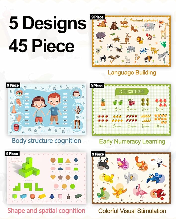 45 Pack Sticky Disposable Placemats for Baby & Toddlers,Toddler Placemat 12"x18" Kids Table Mat for Party, Picnic Table, Restaurants Dining Table Travel Essentials for Toddlers with 5 Designs
