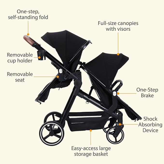 Tandem Double Stroller Newborn and Toddler, Foldable Twin Stroller with Reversible Seat, 5-Point Safety Harness, Adjustable Backrest & Canopy, Storage Basket