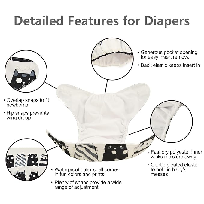 babygoal Reusable Cloth Diapers 6 Pack+10pcs Inserts, One Size Adjustable Washable Pocket Nappy Covers for Baby Boys and Girls 6FB20