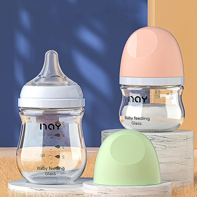 Natural Glass Baby Bottle Wide Neck, Newborn Anti-Colic Baby Bottle, Clear, 3oz(Pack of 4), Includes 4Pcs Slow Flow Nipple(SS), 0 Months+
