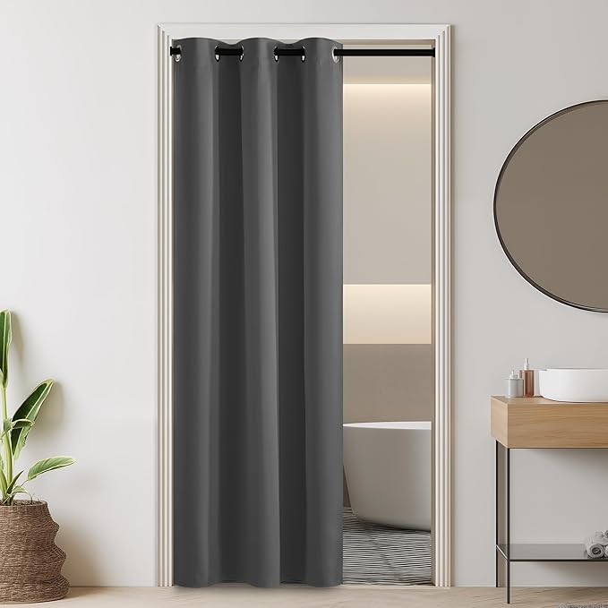 RYB HOME 100% Blackout Door Curtain for Doorway/Open Closet, Privacy Temporary Door for Bedroom/Kitchen/Laundry/Patio, Thermal Insulated Drapes, Grey, W34xL80, 1 Panel