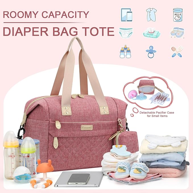 Pritent Diaper Tote, Baby Bags with Pacifier Case, Shoulder Straps, Stroller Clips, Waterproof Mommy Bag - Medium, Pink