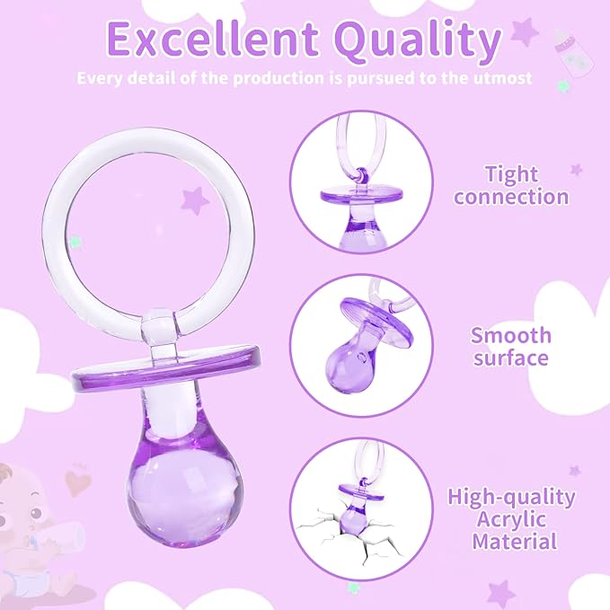72 Pcs Baby Shower Pacifiers, 2.75’’ Plastic Pacifiers for Baby Shower Game, Baby Shower Decoration DIY, Gender Reveal Party Table Scatter/Baby Shower Party Favors, Purple
