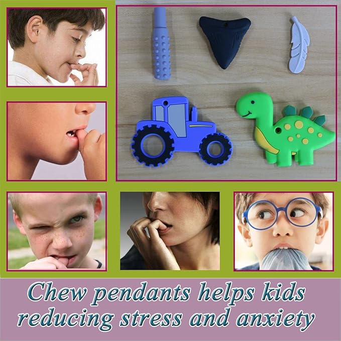 Chew Necklace for Sensory Kids, 5Pcs Chewy Necklaces for Boys and Girls with Autism ADHD PICA, Chewable Silicone Pendant for Reducing Fidget Anxiety,Dinosaur Tractor Chewing Pendants for Toddler
