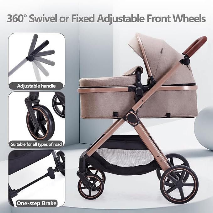 2 in 1 Baby Stroller, Newborn Infant Toddler Convertible Pram Stroller for 0-36 Months Old Babies (Beige)