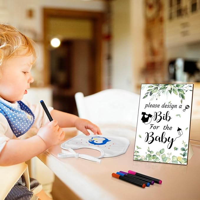 Newwiee 55 Pcs White Bibs for Baby Decorating Design a Bib Decorate Plain newborns Bibs Wooden Sign for Baby Shower Games Kit