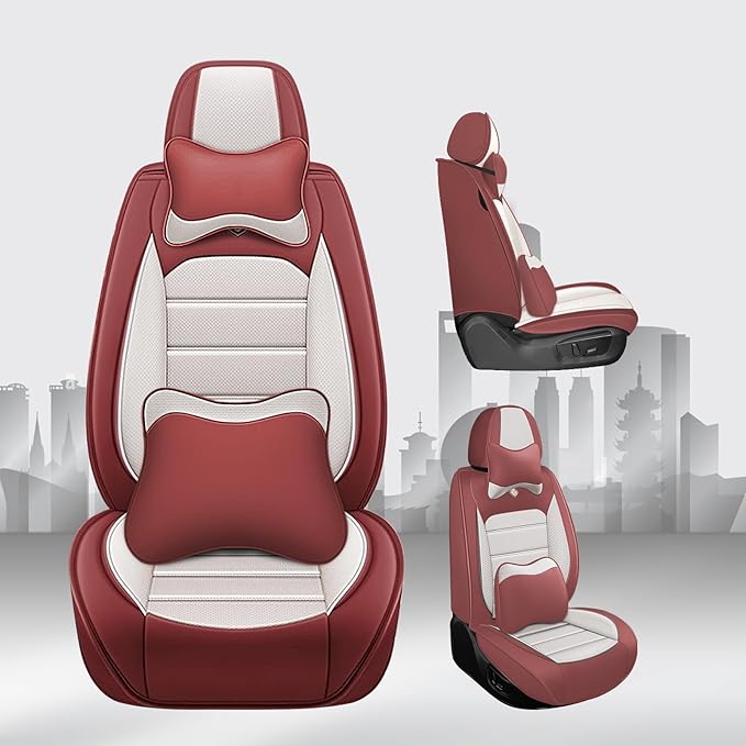 JOJ Car Seat Cover Fit for Toyota Highlander 2001-2025,7 Seat Car Seat Cover,No-Slip Waterproof Breathable Faux Leather Automotive Seat Covers Auto Interior Covers,Full Set with Pillow,Cream Red