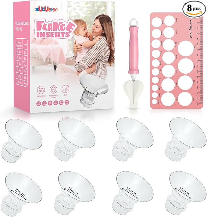 Flange Inserts 17mm(8PCS) & Nipple Ruler & Cleaning Brush, 3 in 1 Flange Sizing Kit, Silicone Flange Insert Kit for 24mm Most Pumps, Breast Pump Replacement Accessories