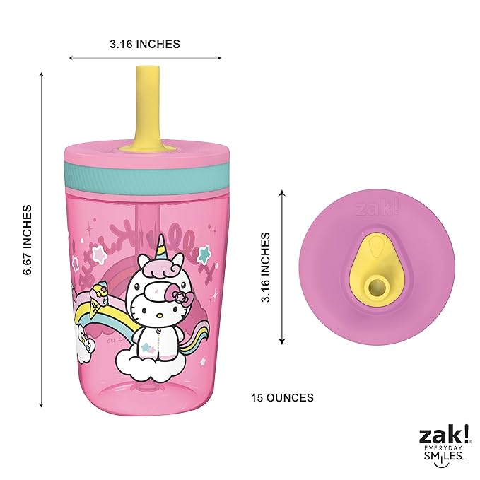 Zak Designs 15oz Hello Kitty Kelso Tumbler Set, Leak-Proof Screw-On Lid with Straw Made of Durable Plastic and Silicone, Perfect Bundle for Kids, 2 Count (Pack of 1)