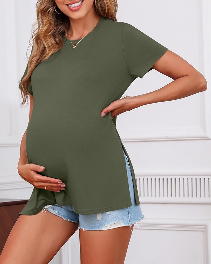 Ficerd 3 Pack Women's Maternity T Shirts, Short Sleeve Side Split Pregnancy Tops Casual Crew Neck Pregnant Tees Mama Clothes