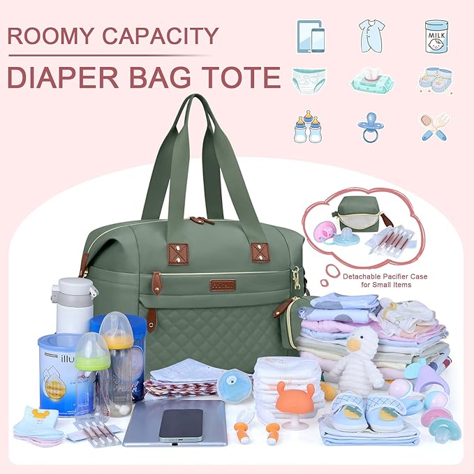Pritent Diaper Bag Tote - Diaper Baby Bags with Pacifier Case, Shoulder Straps, Stroller Clips, Waterproof Large Mommy Maternity Travel Baby Bag for Mom and Dad, Green, Medium