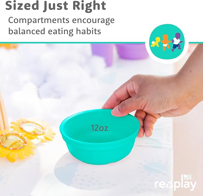 Re-Play 12 oz. Toddler Bowls Set of 4 - Kids Deep-Walled, Durable & Reusable Snack and Meal Bowls, Dishwasher & Microwave Safe, BPA-Free, Made in USA from Recycled Plastic, True Blue
