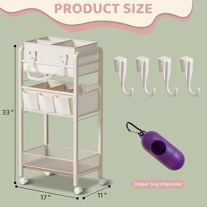 Baby Diaper Caddy Organizer and Storage,2In1 Baby Cart Organizer-Baby Diaper Caddy+3 Tier Rolling Cart for Baby Nursery,Baby Bedside Cart,Easy Assembly,Beige