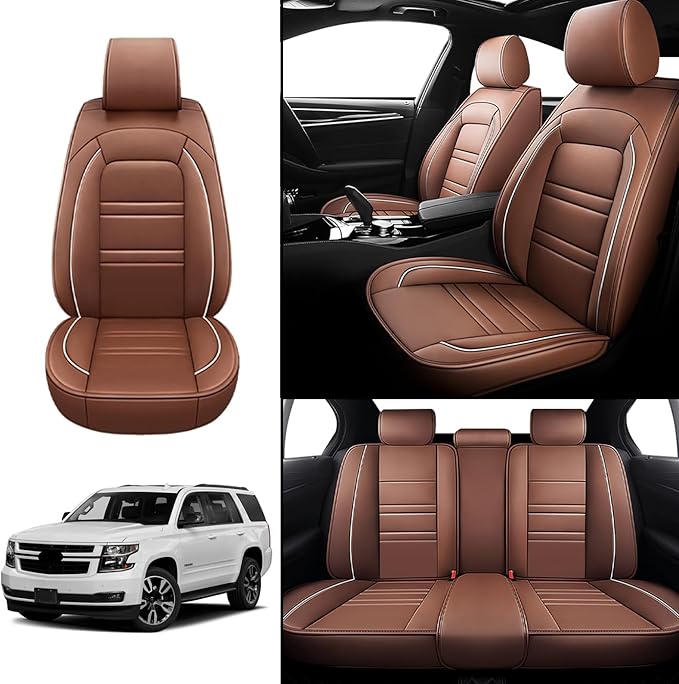 Seat Covers for Chevy Tahoe 1995-2025 | 5-Seats Leather Seat Covers, Easy to Install Automotive Seat Covers Full Set (Full Set, Coffee)