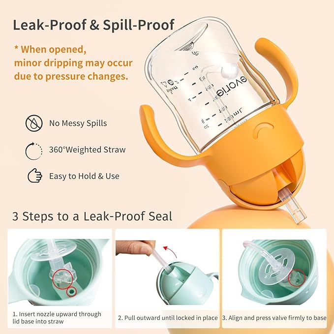 Evorie Tritan Weighted Straw Sippy Cup with Handles for Baby and Toddlers, Spill Proof Baby Water Bottle with Straw for 6 months and up, 7 Oz, Infant Training Water Bottle (Bumble bee)