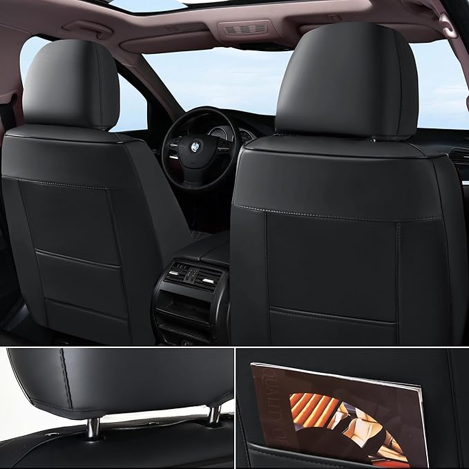 Doogo Seat Covers for Cars, Leather Seat Covers, Waterproof Front Automotive Seat Covers,Universal Black Seat Cushion Protectors Interior Accessories for SUV Sedan Truck Truck-Black