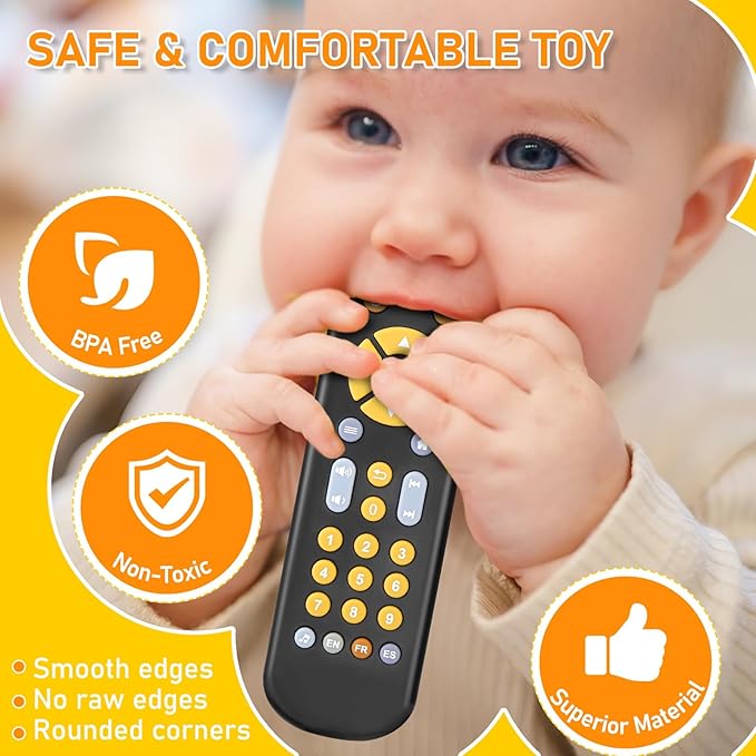 Avkast Baby TV Remote Control Toy 6 Month+, Toddler Realistic Remote Toy with Sound and Light, Early Educational Music Toys with 3 Languages English French Spanish for Infant Boys Girls 6 12 18 months