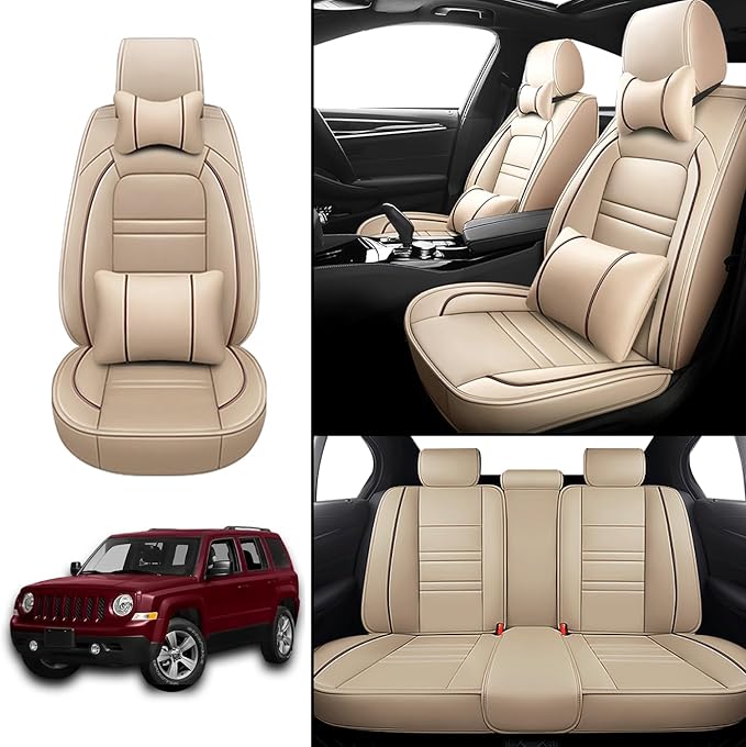 Car Seat Covers for JP Patriot 2009-2017 | 5-Seats Seat Covers, Waterproof Seat Protectors, Automotive Seat Covers (Full Set with Pillow,Beige)