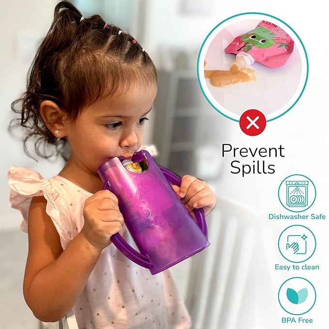 Original Squeeze Proof Flipping Holder with Open Bottom for Food Pouches & Juice Boxes - Multipurpose - Prevent Messes & Support Self-Feeding - Easy Grasping Handles - Made in USA